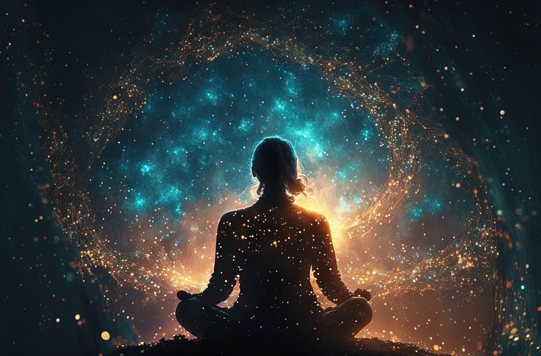 Silhouette of girl in Lotus position on the abstract positive en